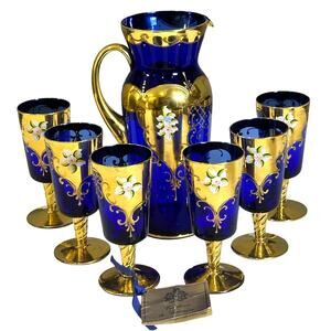 Tre Fuochi Venetian Murano Cobalt Blue Enameled and 24K Gold Decanter+6 Goblets